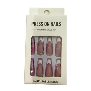 Long Coffin Pink/White French Tip & Ombre Bedazzled Press On Nails​​